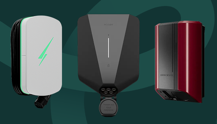 Three smart EV chargers including Easee, Andersen Quartz, and Hypervolt Home 3 Pro models displayed on a dark green background.